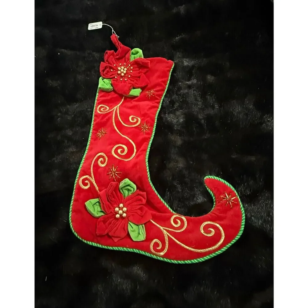 New Christmas Red Velvet Pier 1 One elf long stocking Poinsettia
